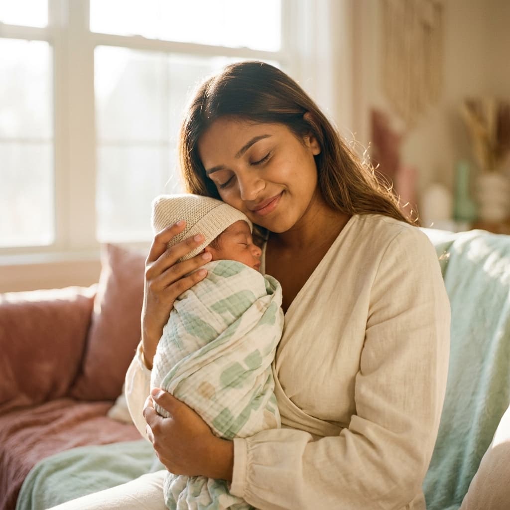 A mother resting peacefully while holding her sleeping newborn